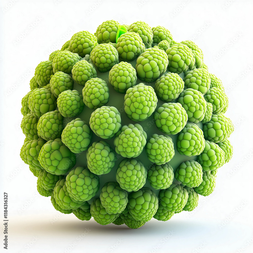 Fototapeta premium Green textured spherical model resembling a cluster of spherical cells with a unique surface pattern surrounded by a light backdrop