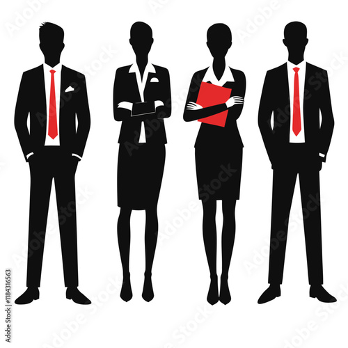 A group of standing business professionals Vector design, men and  women vector design, red, white, black color on white background