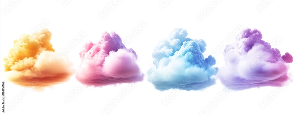 Colorful cloud clip art set with 4 angles, soft shadows, and professional color grading, isolated on a white background. Colorful cloud clip art set with 4 angles, soft shadows, and professional color grading, isolated on a white background.