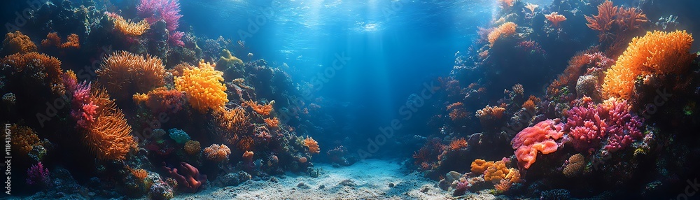 Fototapeta premium Vibrant Coral Reef Undersea Landscape Sunlit Scene