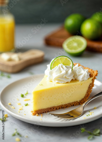 Key lime pie slice with whipped cream, lime wedge, and a fresh, zesty background. photo