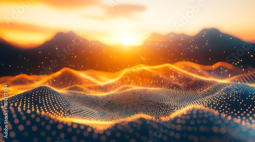 Neon Mountain Landscape with Radiant Sun photo