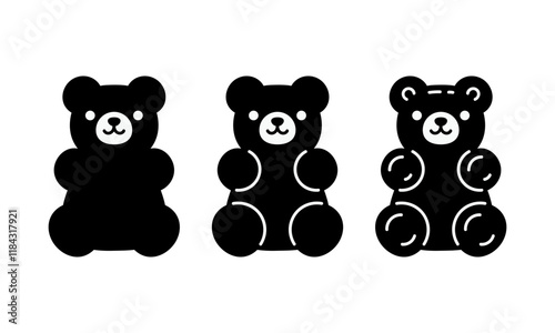 Gummy bear icon set. Vector black and white gummy teddy bear silhouette illustration.