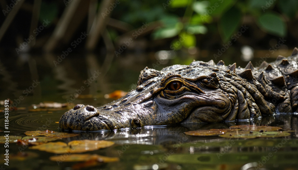 Massive alligator lurking in shadowy swamp water, natural habitat Massive alligator lurking in shadowy swamp water, natural habitat