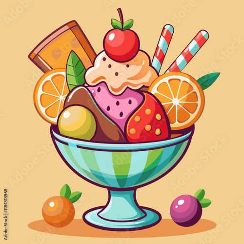 "Ice Cream Sundae with Colorful Scoops in a Glass Bowl and Straw – Fun Dessert Illustration"

