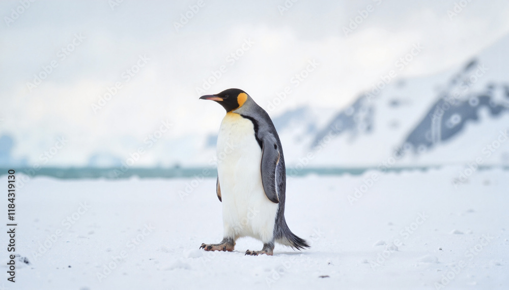 Fototapeta premium Emperor penguin walking in icy landscape during midday, wildlife beauty
