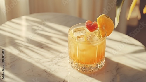 A 3D-rendered cocktail with a heart-shaped fruit garnish, placed on a light marble surface photo