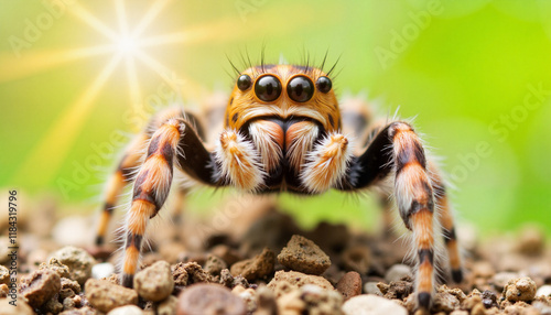 Vivid jumping spider posing in backyard garden, macro nature exploration photo