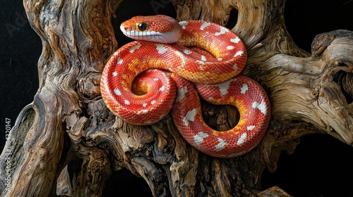 A snake coiled on a wooden branch, displaying sharp details, natural poses, vibrant colors, and unique features in a realistic setting. photo