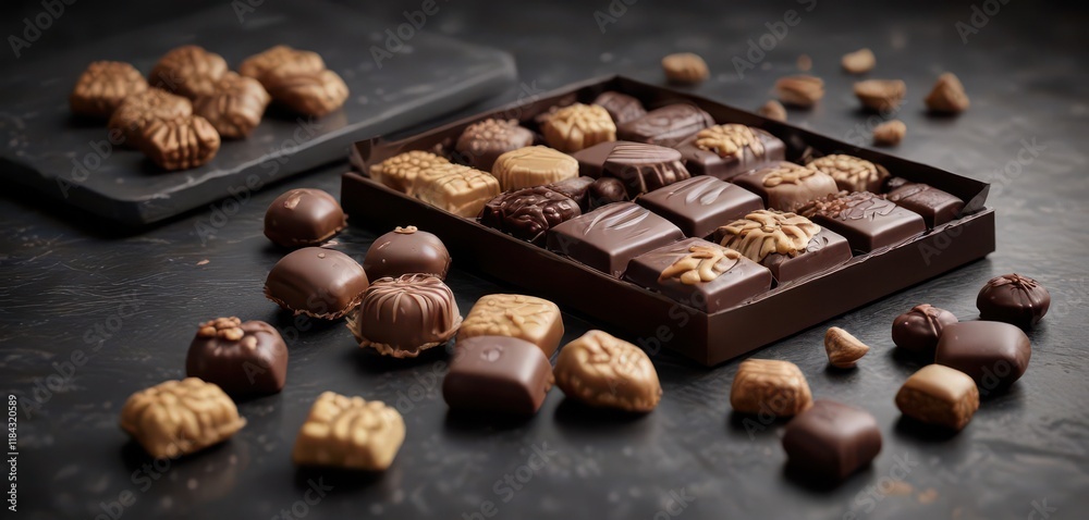 Elegant dark chocolate bar with assorted pralines ,  chocolate texture,  photography,  gourmet