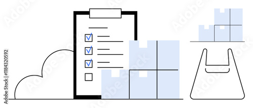 Clipboard with checklist, boxes, cloud, and shopping bag. Ideal for logistics, inventory management, supply chain, ecommerce order fulfillment productivity organization. Minimalistic design