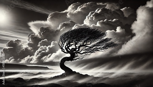 A dramatic black-and-white photograph of a solitary, windswept tree with an even more twisted and gnarled trunk