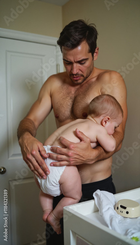 Overwhelmed parent Father holding baby during tender moment at home