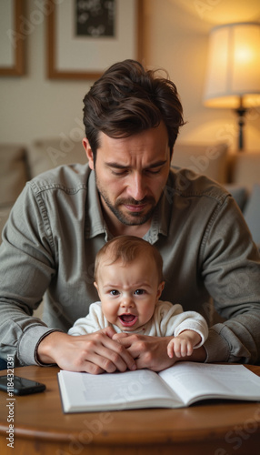 Encouraged intern learning Overwhelmed parent Father reading while comforting crying baby at home