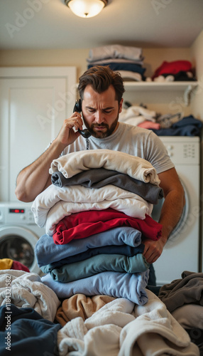 Overwhelmed parent Frustrated man carrying laundry while on phone in laundry room