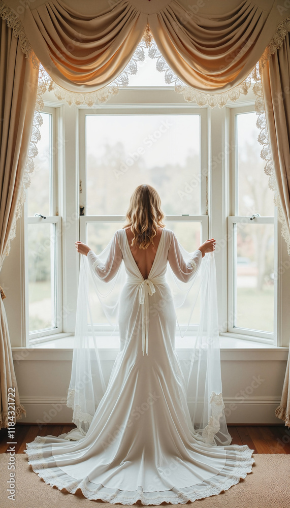 Fototapeta premium Hopeful bride Bride standing by large window in elegant wedding gown