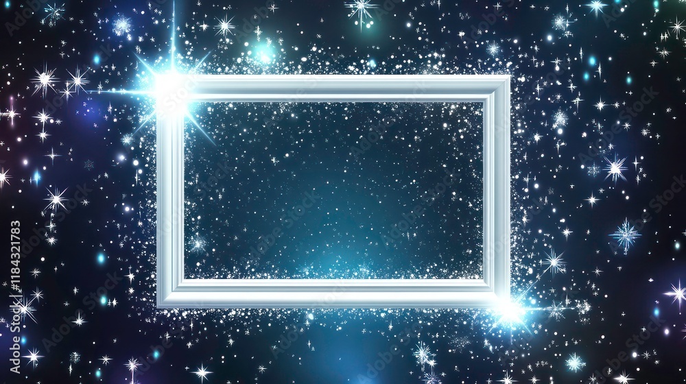Obraz premium Sparkling Christmas Background: White Frame with Shimmering Stars and Snowflakes