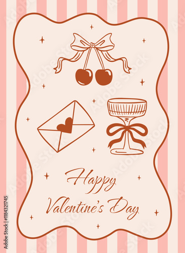 Happy Valentines Day greeting card in elegant and vintage in aesthetics coquette. Trendy vector illustration of a champagne glass with a bow, an envelope with a heart and a cherry with a bow.