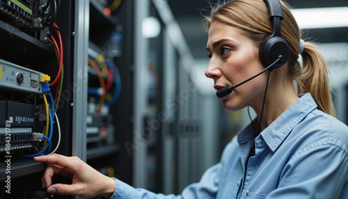 Anxious woman waiting for call Frustrated technician Female technician troubleshooting server hardware in data center