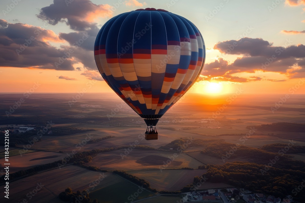 Obraz premium Hot air balloon floats above fields during sunset over a picturesque landscape