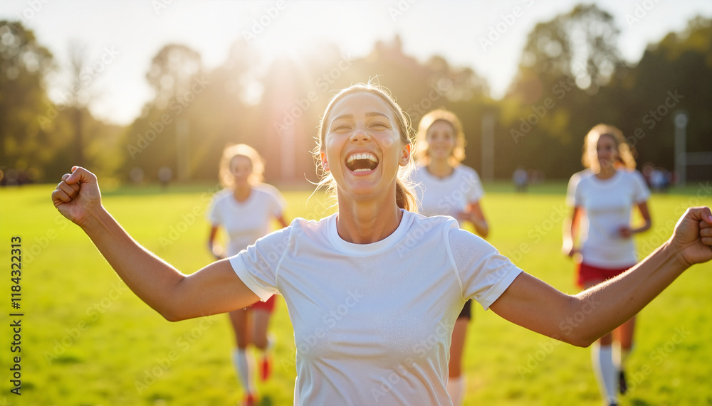 Obraz premium Ecstatic soccer player celebrating goal cheerful teammates Excited female soccer player celebrating victory on sunny field