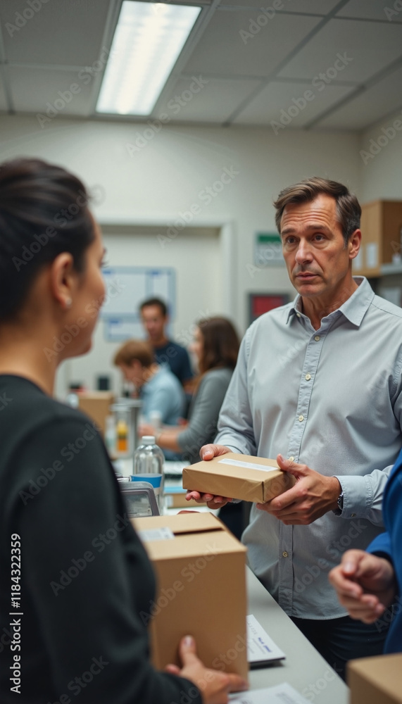 Anxious customer disappointed customer Man receiving package in volunteer distribution center Anxious customer disappointed customer Man receiving package in volunteer distribution center
