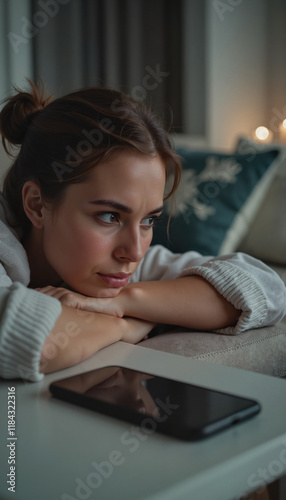 Anxious woman waiting for call Thoughtful woman waiting for call while sitting at home