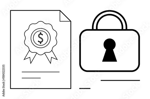 Certificate with dollar symbol ribbon next to large padlock with keyhole. Ideal for finance, contracts, online security, certification, financial growth, legal documents, data protection. Line