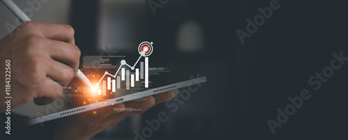 businessman trading in stock market exchange on virtual screen in office workplace signing investment documents and money management with trading chart financial planning for saving and passive income