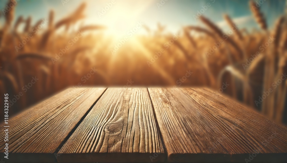 The empty wooden brown table top with blur background of corn field. Exuberant image. The empty wooden brown table top with blur background of corn field. Exuberant image.