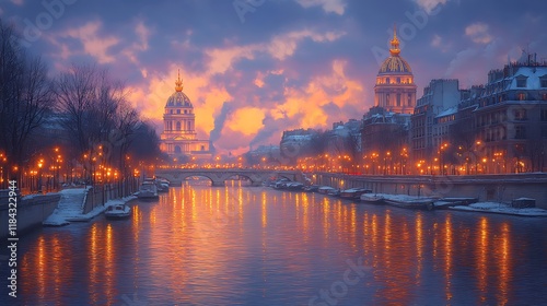 Parisian Winter Sunset Illuminates Scenic River and Buildings photo