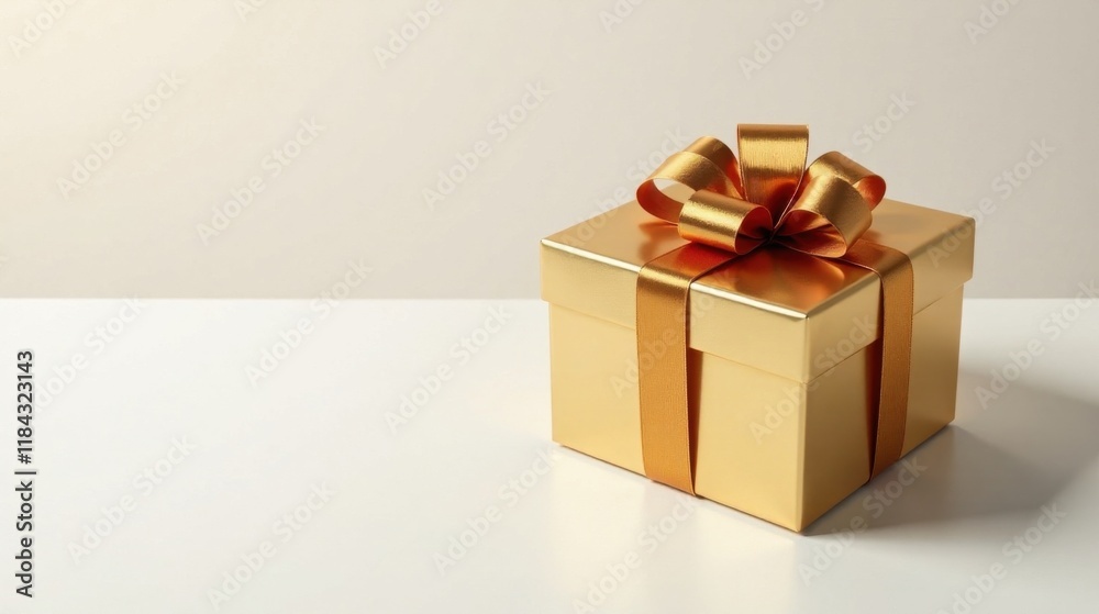 Obraz premium A Gleaming Gold Gift Box with a Luxurious Ribbon Bow on a Pristine White Surface