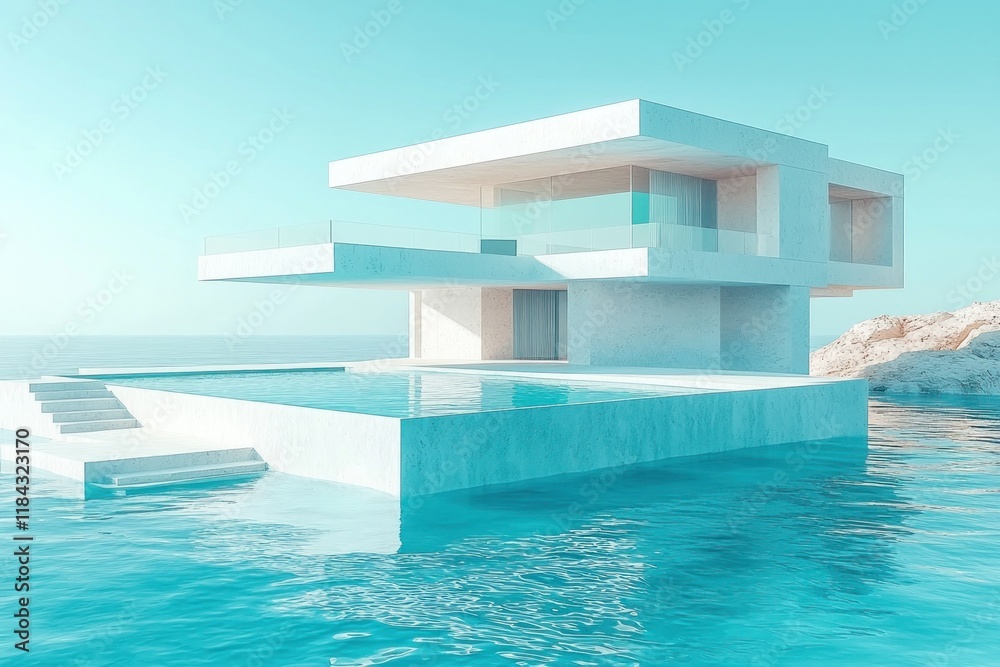 Fototapeta premium Modern architectural design of a house with a pool, set against a serene water backdrop.