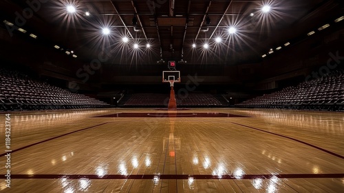 An empty basketball arena showcases dramatic lighting effects. photo