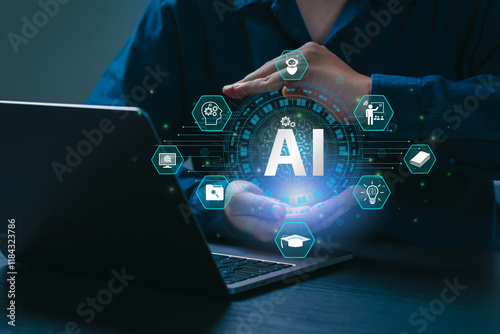 AI Artificial Intelligence and Education technology concept. A man use laptops, Learn lessons and online webinars successfully in modern digital learning, Courses to develop new skills. E-learning. photo