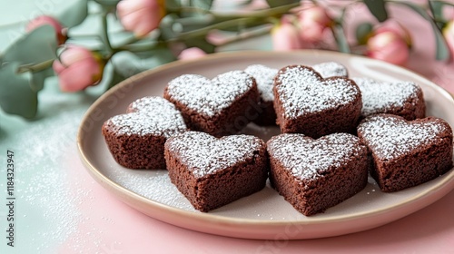 A plate of heart-shaped brownies dusted with powdered sugar, set against a soft pastel backdrop photo