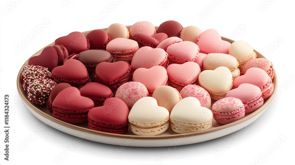 A plate of heart-shaped macarons in various shades of pink and red, arranged on a white background A plate of heart-shaped macarons in various shades of pink and red, arranged on a white background