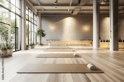 Empty fitness classroom designed for modern yoga practices.