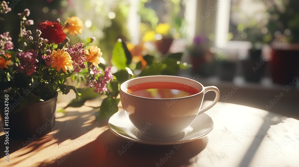 A cup of tea is sitting on a table with flowers A cup of tea is sitting on a table with flowers