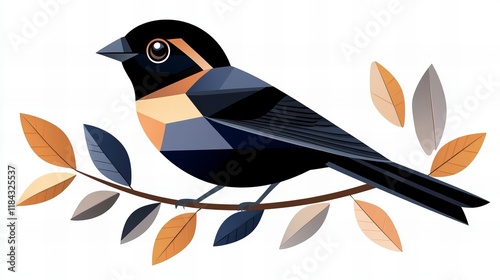 Geometric bird perched on a branch with autumn leaves.  Stylish, modern design. photo