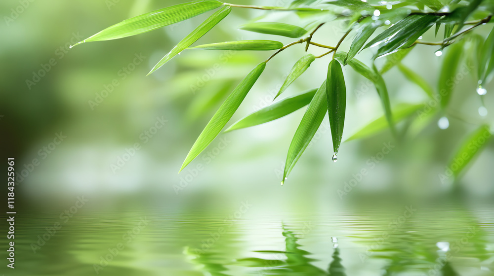 Obraz premium Fresh bamboo leaves with water reflection. Ideal for zen wellness and natural spa branding.