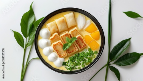 Traditional Thai Kanom Krok Dessert in Bowl with Fresh Toppings and Green Garnish photo