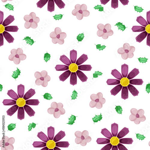 Floral seamless pattern with dark pink cosmo flowers, pink daisies and green leaves. Botany.