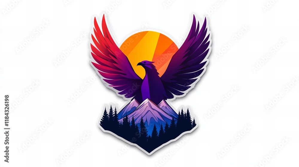 Fototapeta premium Majestic phoenix soaring above a mountain range at sunset. Vibrant colors and geometric shapes create a striking image.
