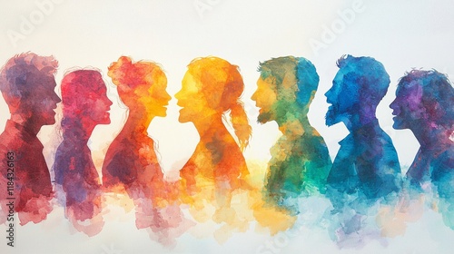 Colorful Silhouettes of People Engaged in Conversation Creating a Vibrant Abstract Artwork with Watercolor Effects and Rich Tones