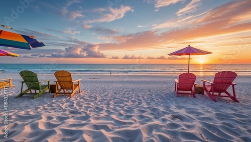 Tropical sunset paints the sea and sand as beach chairs await vacationers