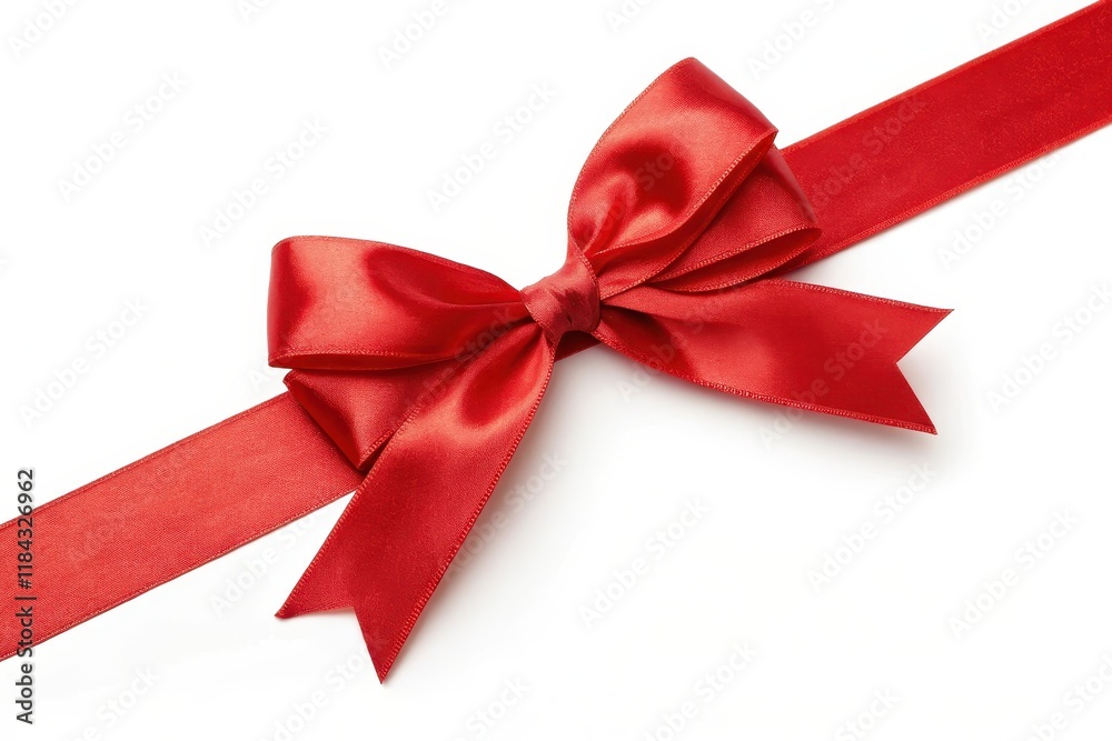 A vibrant red satin ribbon tied in a perfect bow, elegantly positioned on a pristine white background A vibrant red satin ribbon tied in a perfect bow, elegantly positioned on a pristine white background