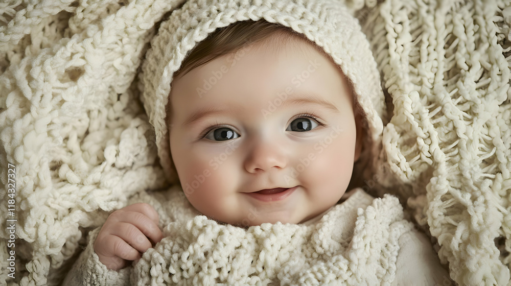 A smiling baby wrapped in a cozy knitted blanket, radiating warmth and innocence. A smiling baby wrapped in a cozy knitted blanket, radiating warmth and innocence.