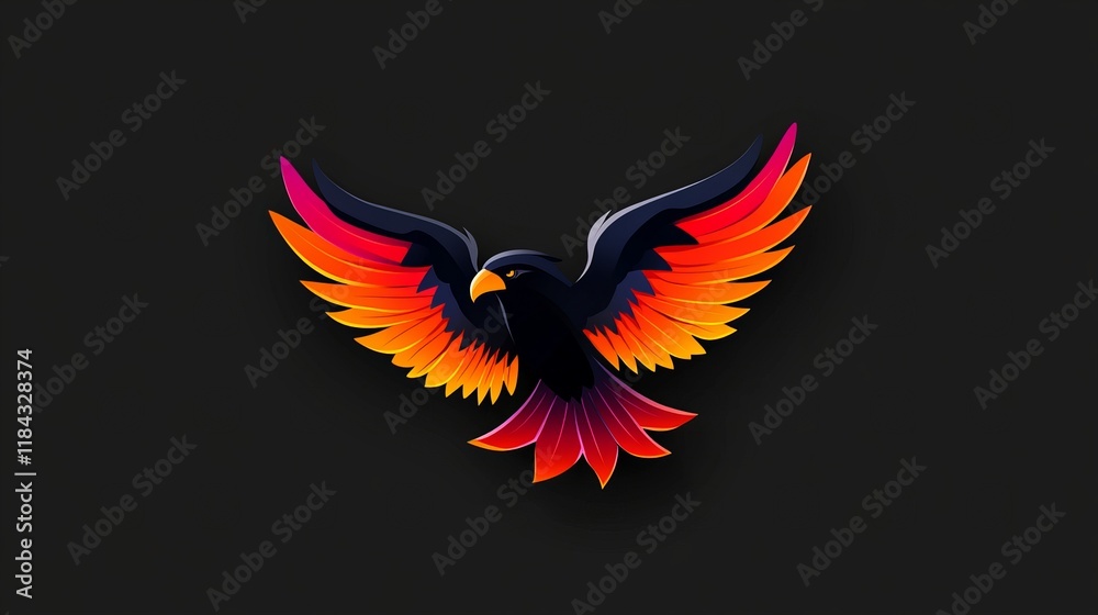 Obraz premium Fiery Wings in Flight: A stylized bird design with vibrant orange and red feathers against a dark background.