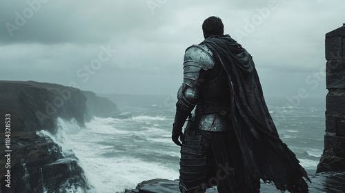 A knight in battered armor stands in solitude on the edge of a cliff, staring out at the tumultuous sea as the storm rages around him, unmoved by the chaos.